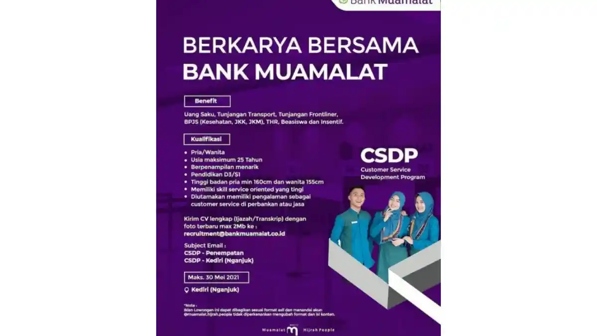 Lowongan Kerja Minimal Pendidikan D3/S1, Rekrutmen Bank Muamalat Dibuka hingga 30 Mei 2021