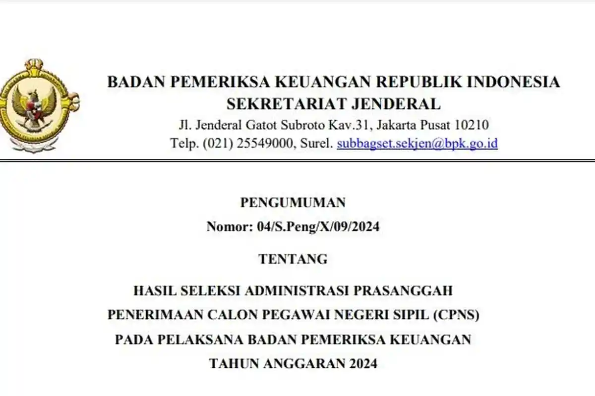Link Download PDF Hasil Seleksi Administrasi CPNS 2024 BPK: 15.780 MS, 2.695 TMS