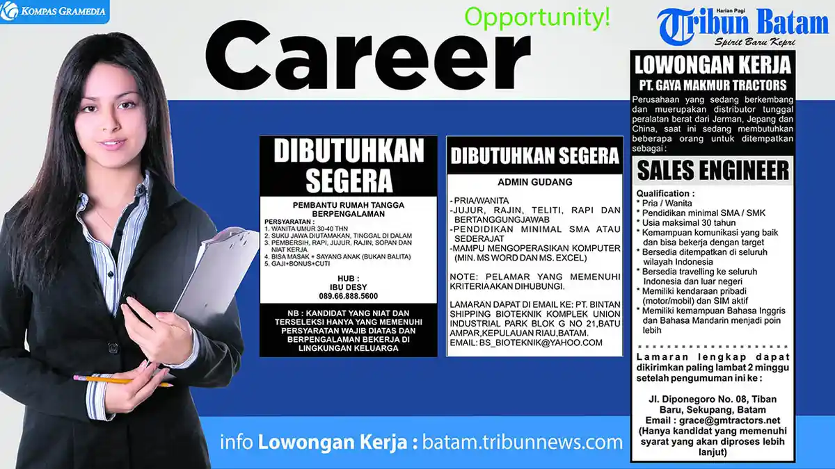 LOKER BATAM HARI INI - Dibutuhkan Sales Engineer hingga Asisten Gudang Untuk Batam, Cek Selengkapnya