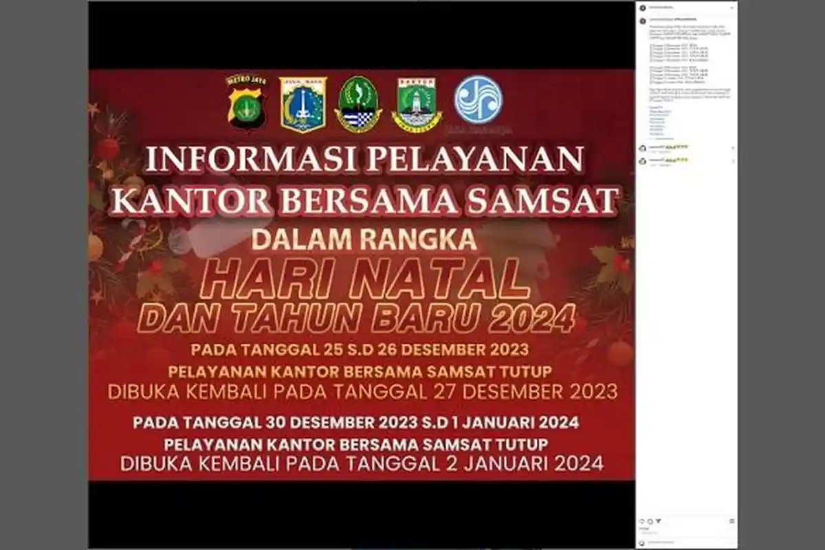 Libur Natal - Tahun Baru, Layanan Samsat di Kota/Kabupaten Bekasi dan Karawang Tutup, Ini Jadwalnya