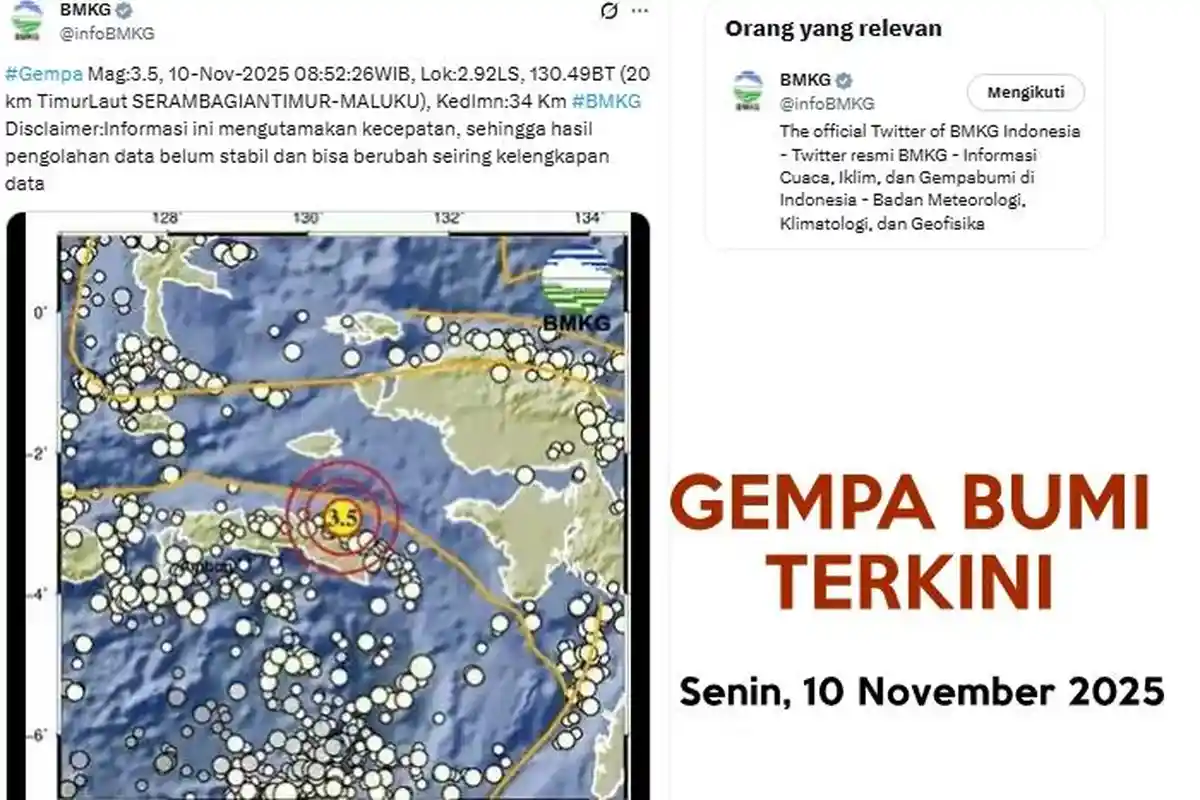 Gempa Terkini di Maluku Senin 10 November 2025, Info BMKG Titik dan Magnitudonya