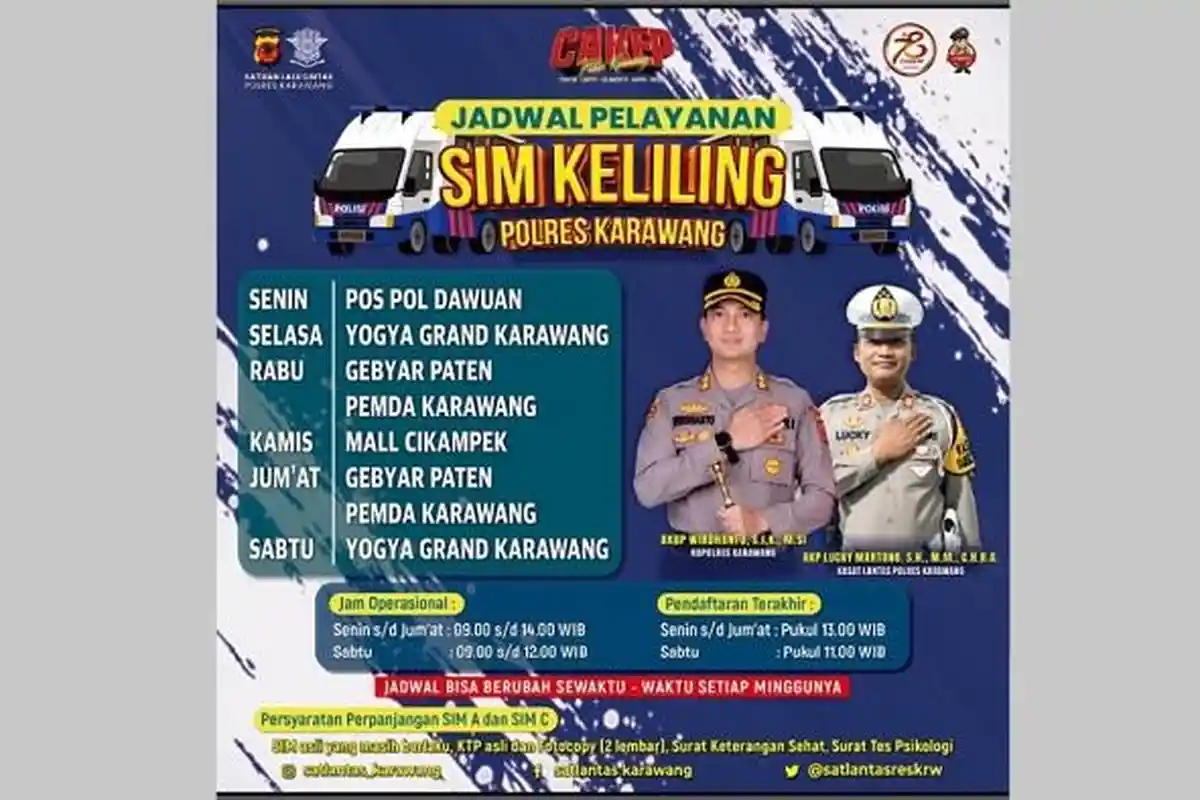 Layanan SIM Keliling Karawang, Kamis 4 Juli 2024 ini, di Mall Cikampek Hingga Pukul 15.00 WIB