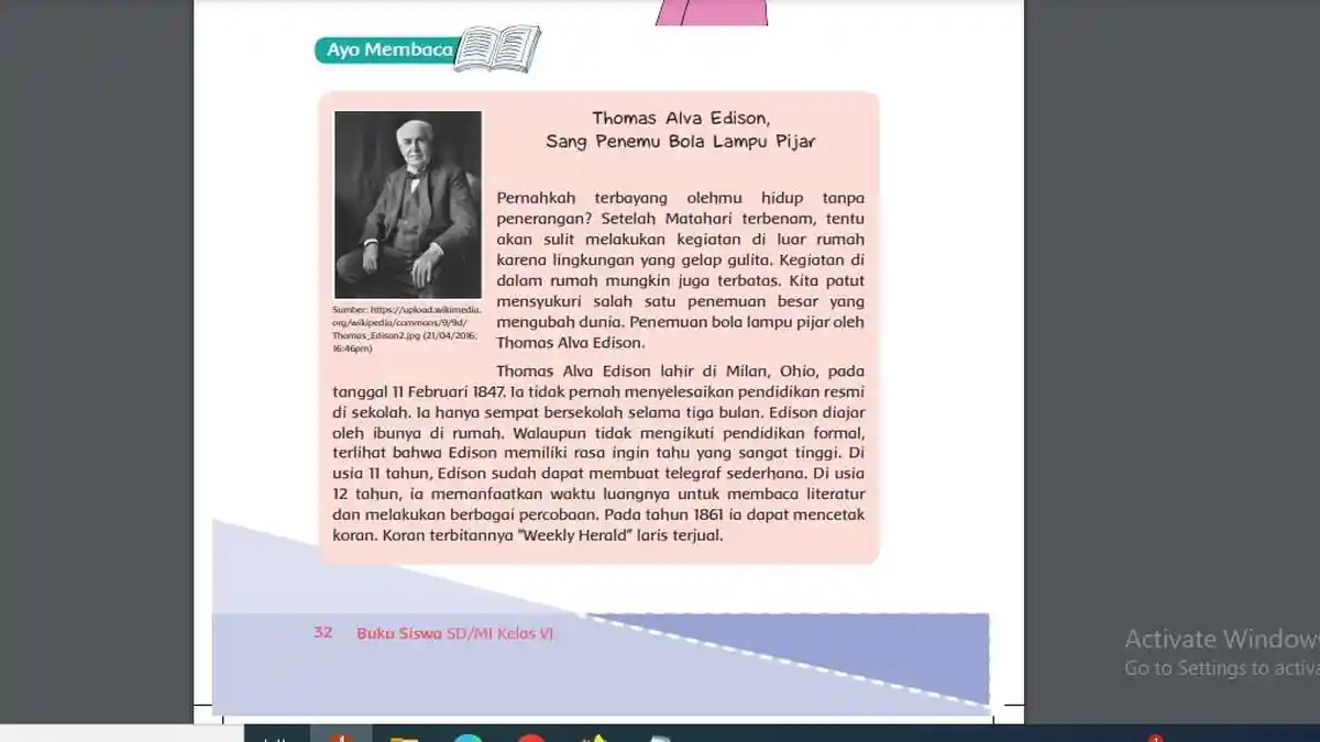 Kunci Jawaban Tema 3 Kelas 6 SD Halaman 33 Buku Tematik: Thomas Alva Edison, Penemu Bola Lampu Pijar