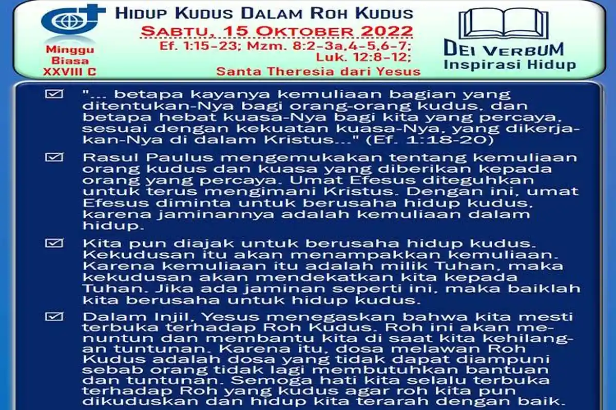 Kalender Katolik Sabtu 15 Oktober 2022, Lengkap Bacaan Injil dan Mazmur Tanggapan