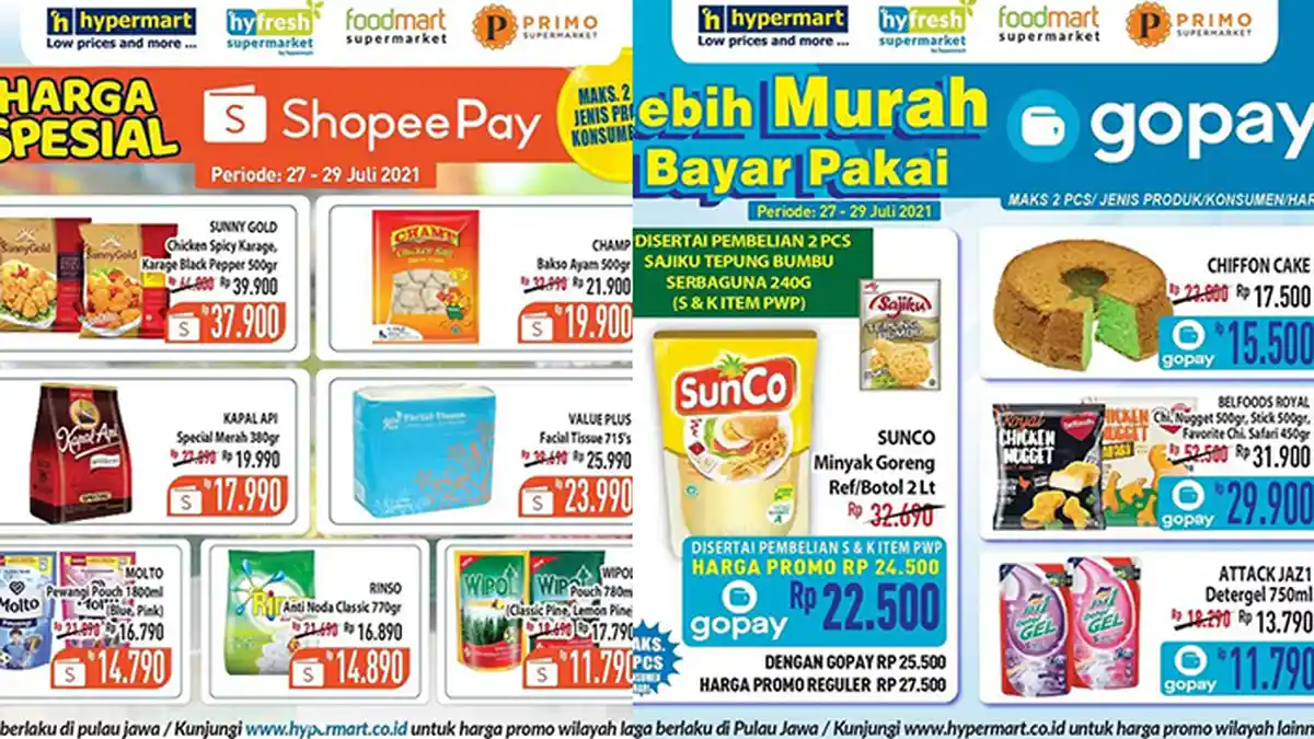 Promo Hypermart TERBARU 27 - 29 Juli 2021, Minyak Goreng Sunco 2L Rp22.500, Rinso 770Gr Rp14.890