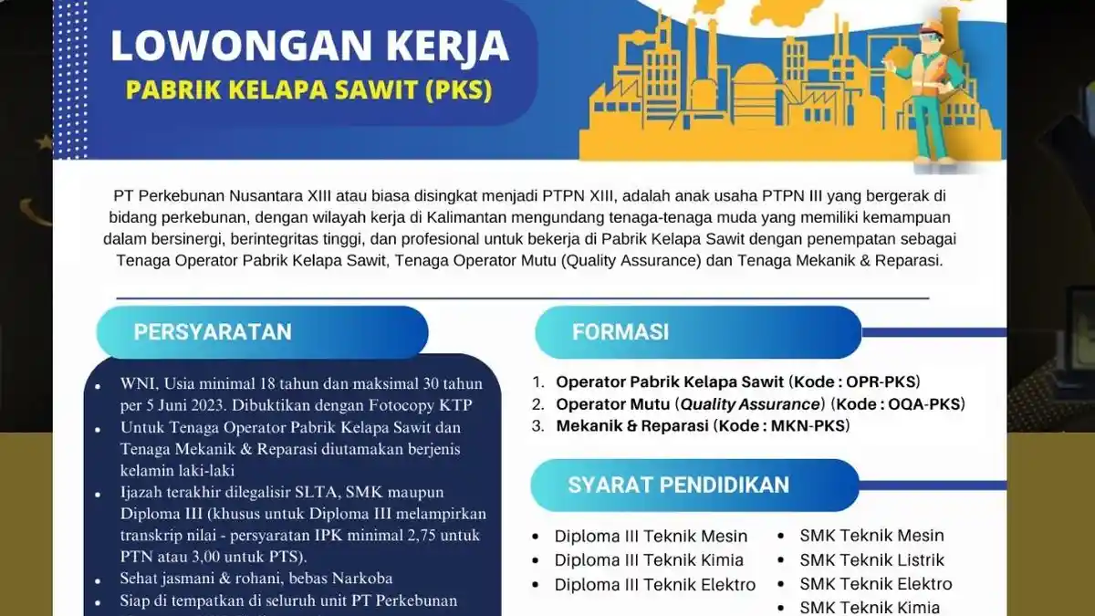 PTPN XIII Kalimantan Buka Lowongan untuk Lulusan SMK-D3, Cek Persyaratan dan Cara Mendaftarnya