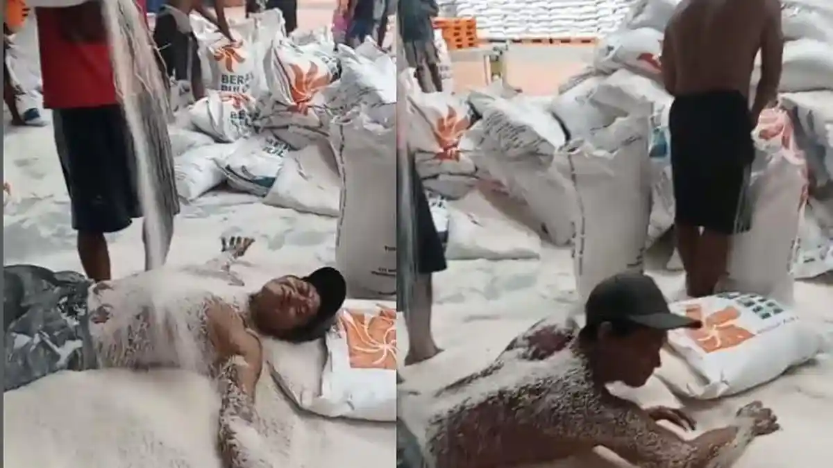 Viral Momen Pria Guling-guling di Atas Tumpukan Beras Bulog, Kini Kena Hujat