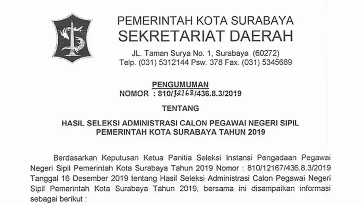 LINK PDF Hasil Seleksi Administrasi CPNS 2019 Pemkot Surabaya, Cek Nama Lolos dan Tak Lolos di Sini!