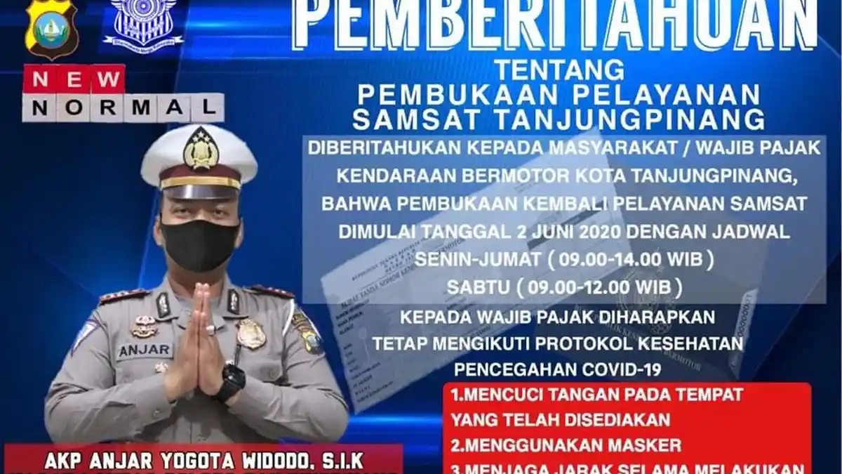 CATAT WARGA TANJUNGPINANG, Layanan Samsat Kembali Beroperasi 2 Juni 2020, Wajib Pakai Masker