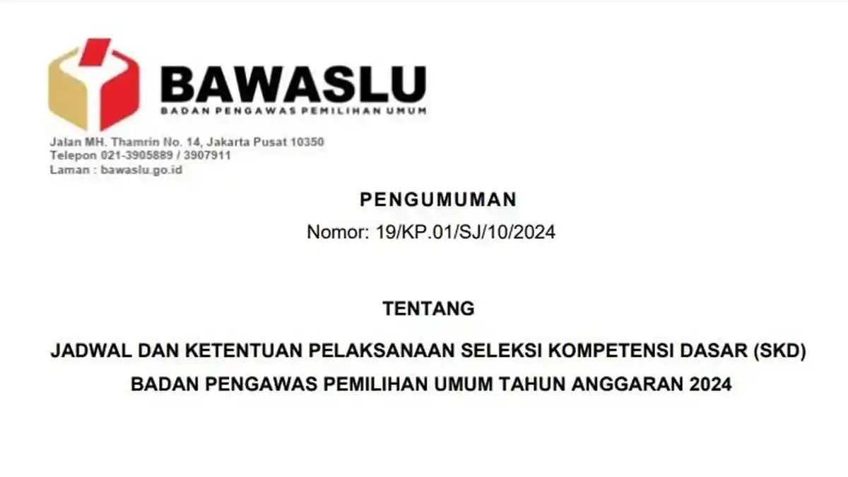 Link Download PDF Jadwal dan Tilok SKD CPNS 2024 Bawaslu, Ini Syarat dan Tata Tertib