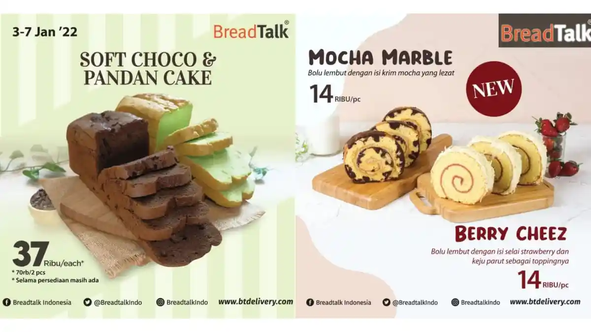 BARU! Promo BreadTalk Januari 2022, Pandan & Choco Soft Cake Rp 37 Ribu/Pcs, Mocha Marble Rp 14 Ribu