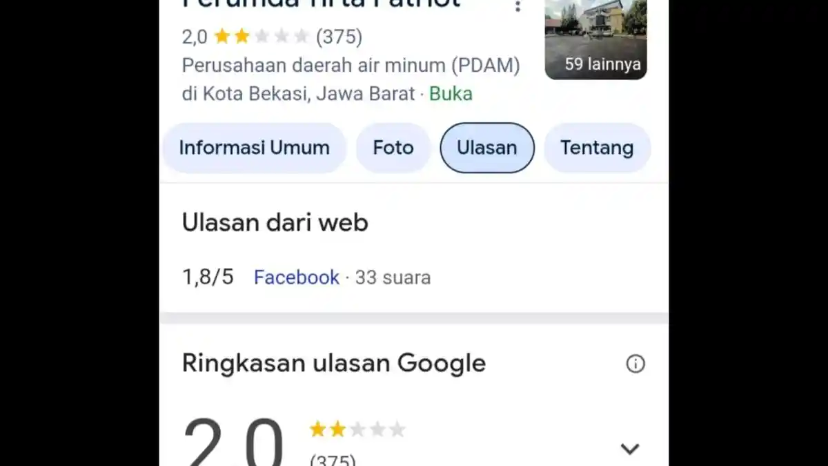 Miris! Perumda Tirta Patriot Bekasi Mendapat Rating Rendah 2,0 di Google