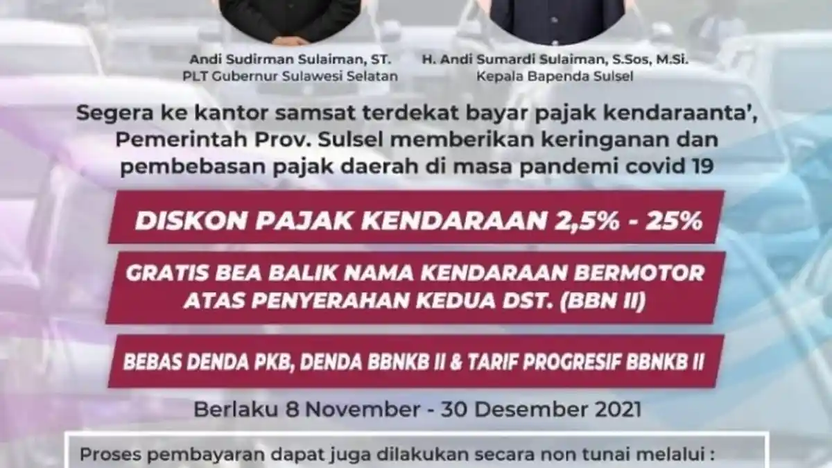 Pemprov Sulsel Beri Insentif Pajak Kendaraan hingga 25% Selama Akhir 2021
