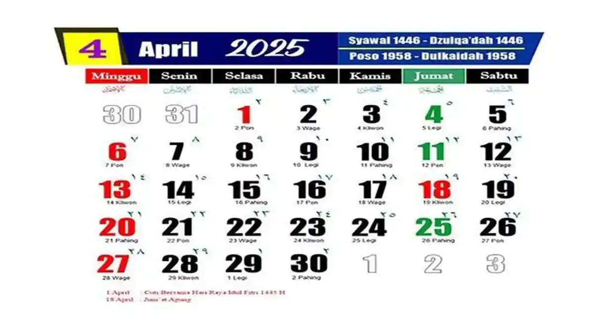 Kalender April 2025 Lengkap dengan Pasaran Kliwon, Kapan Weton Jumat Kliwon?