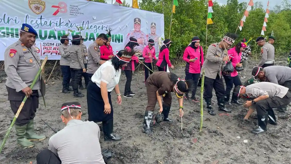 Peduli Lingkungan, Polres Mimika Tanam 1.000 Bibit Pohon Mangrove di Pomako