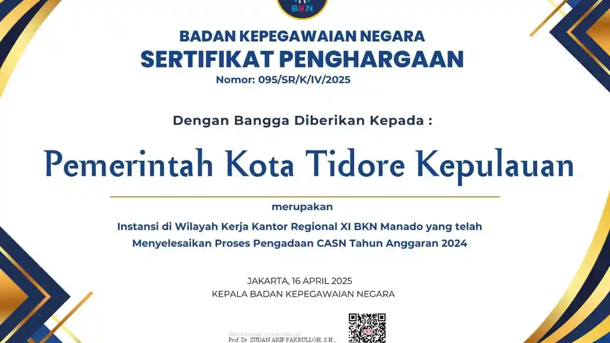 Pengadaan CASN Tercepat, Tidore Raih Penghargaan dari BKN