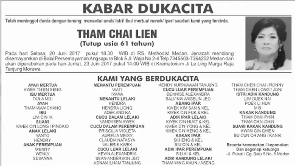 BERITA DUKACITA: Telah Meninggal dengan Tenang Tham Chai Lien