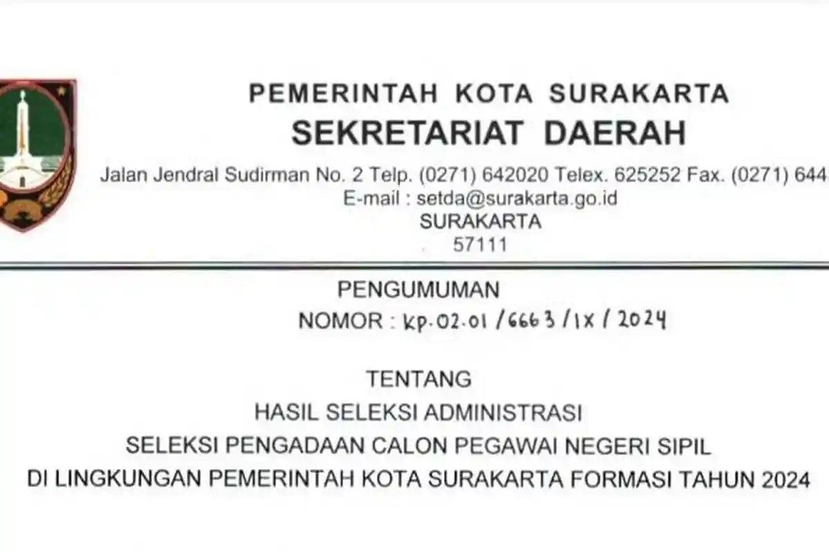 Link Download PDF Hasil Seleksi Administrasi CPNS 2024 Pemkot Solo, Rincian Nama 6.625 Pelamar Lolos