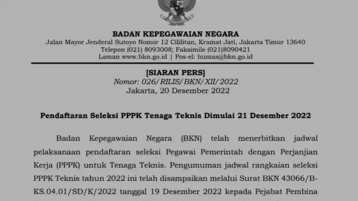 Info Penerimaan Seleksi PPPK Tenaga Teknis 2022, Dibuka Mulai 21 Desember