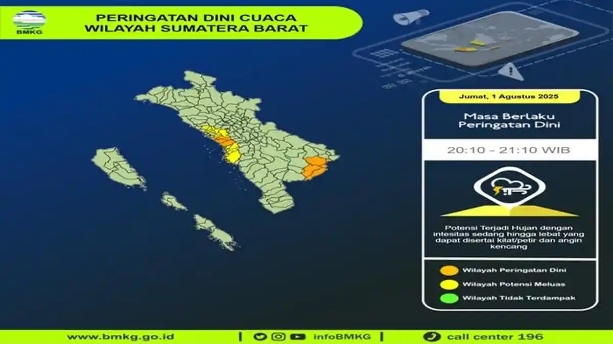 BMKG Peringatkan Hujan Lebat Disertai Petir di Sumbar Malam ini, Waspada hingga Pukul 21.10 WIB