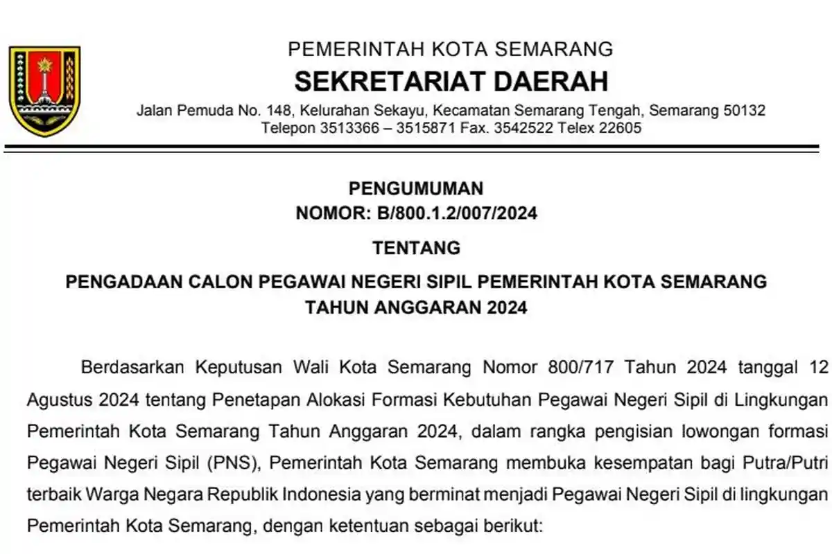 Link Dowload PDF Rincian 331 Formasi CPNS 2024 Pemkot Semarang sscasn.bkn.go.id