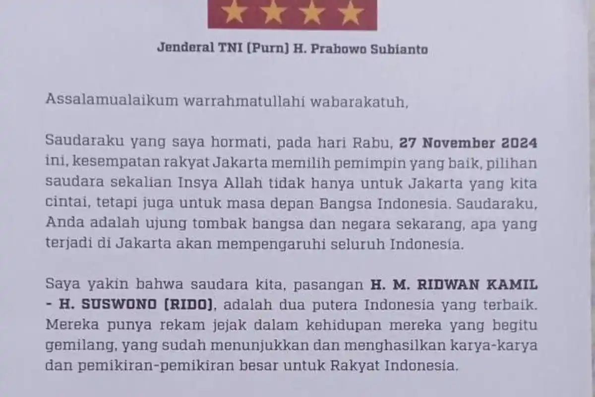 Beredar Surat Prabowo Ajak Pilih Ridwan Kamil-Suswono Saat Masa Tenang, Begini Penjelasan Gerindra 