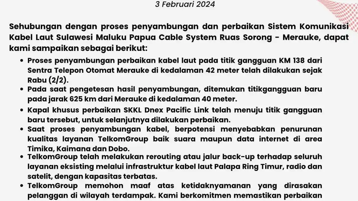 Telkom Keluarkan Surat Edaran Perbaikan Jaringan Internet Kabel Laut, Mimika Terkena Dampak