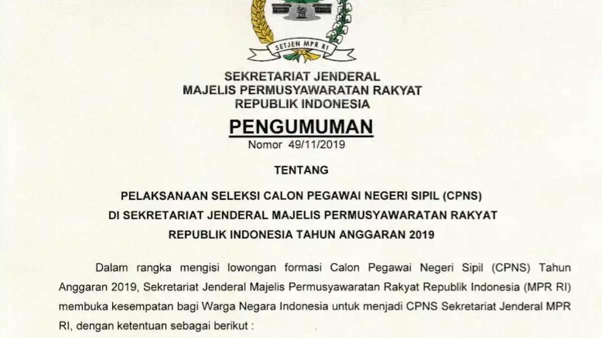 Sekretariat Jenderal MPR Rilis Formasi CPNS 2019, Cek Formasi dan Persyaratanya