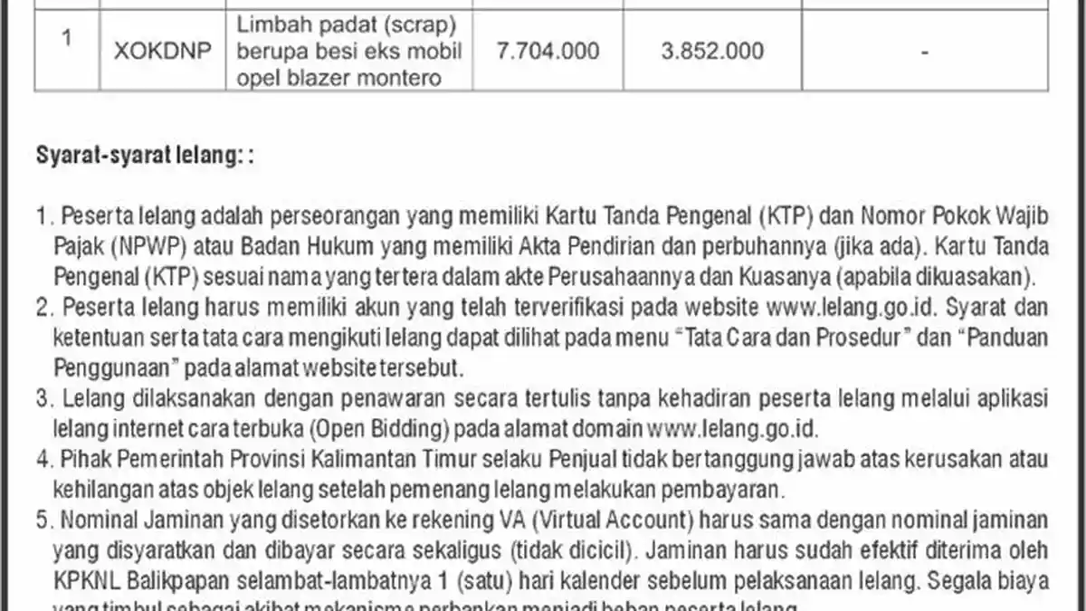 BPKAD Kaltim Lelang Limbah Padat Scrap Besi Eks Opel Blazer Montero