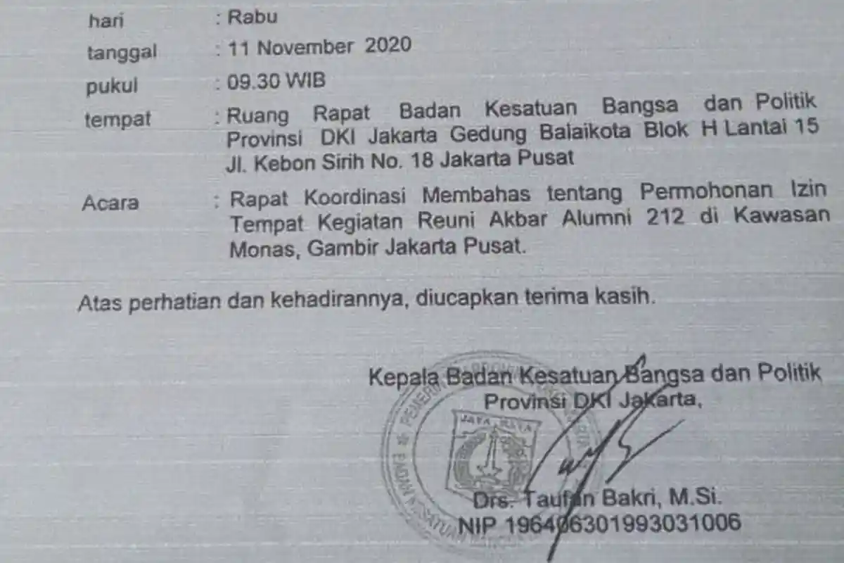 Pemprov DKI Bantah Terima Surat Pengajuan Izin Reuni Akbar Alumni 212 di Monas 