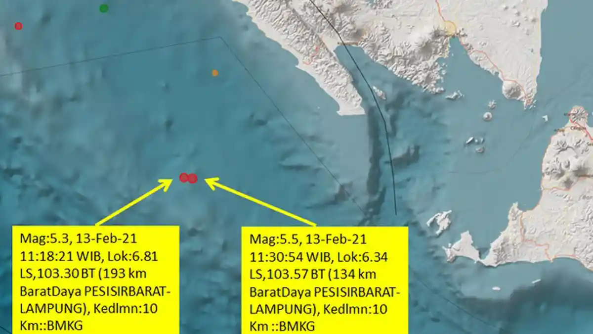 Barusan 2 Gempa Dangkal 5.3 dan 5.5 di Zona Megathrust Pesisir Barat Lampung, Terasa hingga Banten