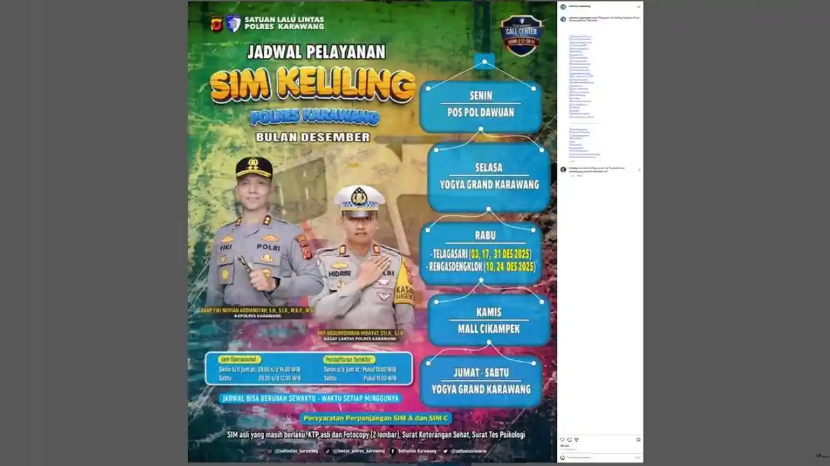 Layanan SIM Keliling Karawang, Selasa 9 Desember 2025, Simak Lokasinya