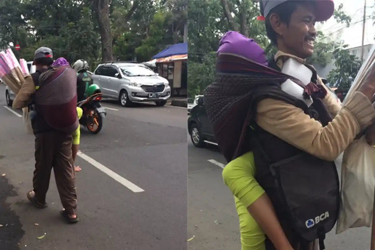 Viral Kisah Bapak Pedagang Sapu, Jualan Sambil Gendong Anak, Jalan Kaki dari Dayeuhkolot ke Pasteur