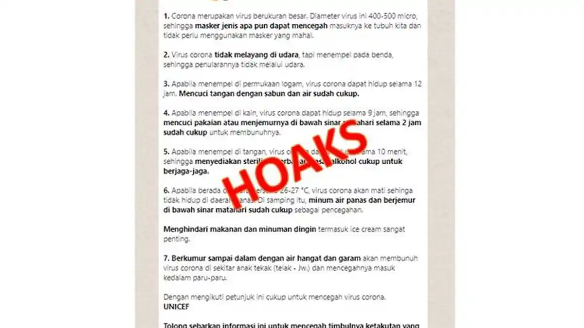 INFO HOAX Virus Corona Sebut Nama Unicef Soal Masker Kain, Beredar di Whatsapp (WA)
