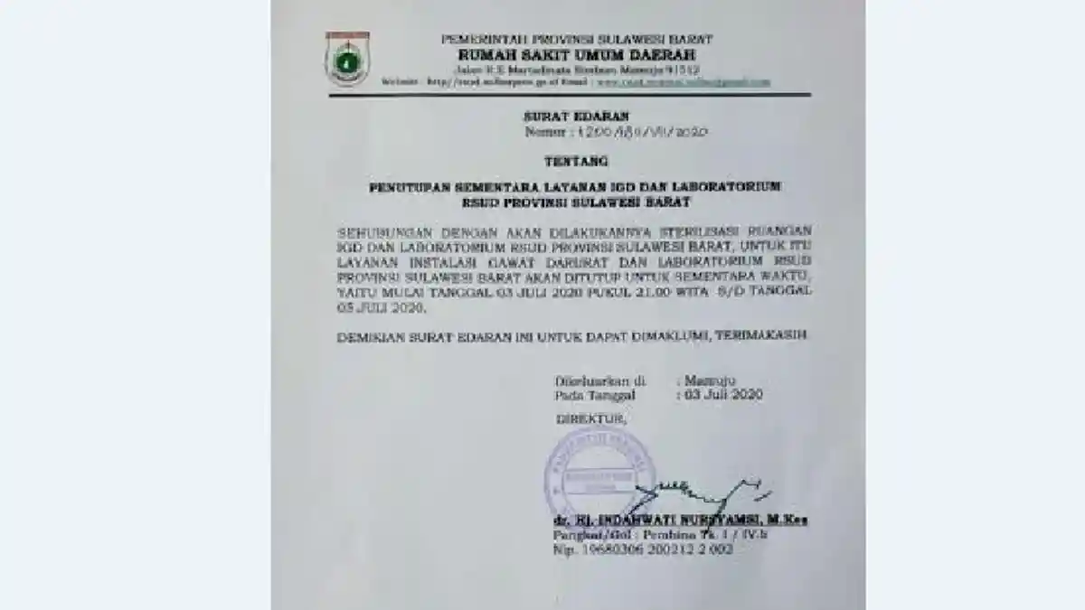 Tiga Nakes Terpapar Covid-19 di RSU Regional Sulbar, IGD dan Laboratorium Dikosongkan