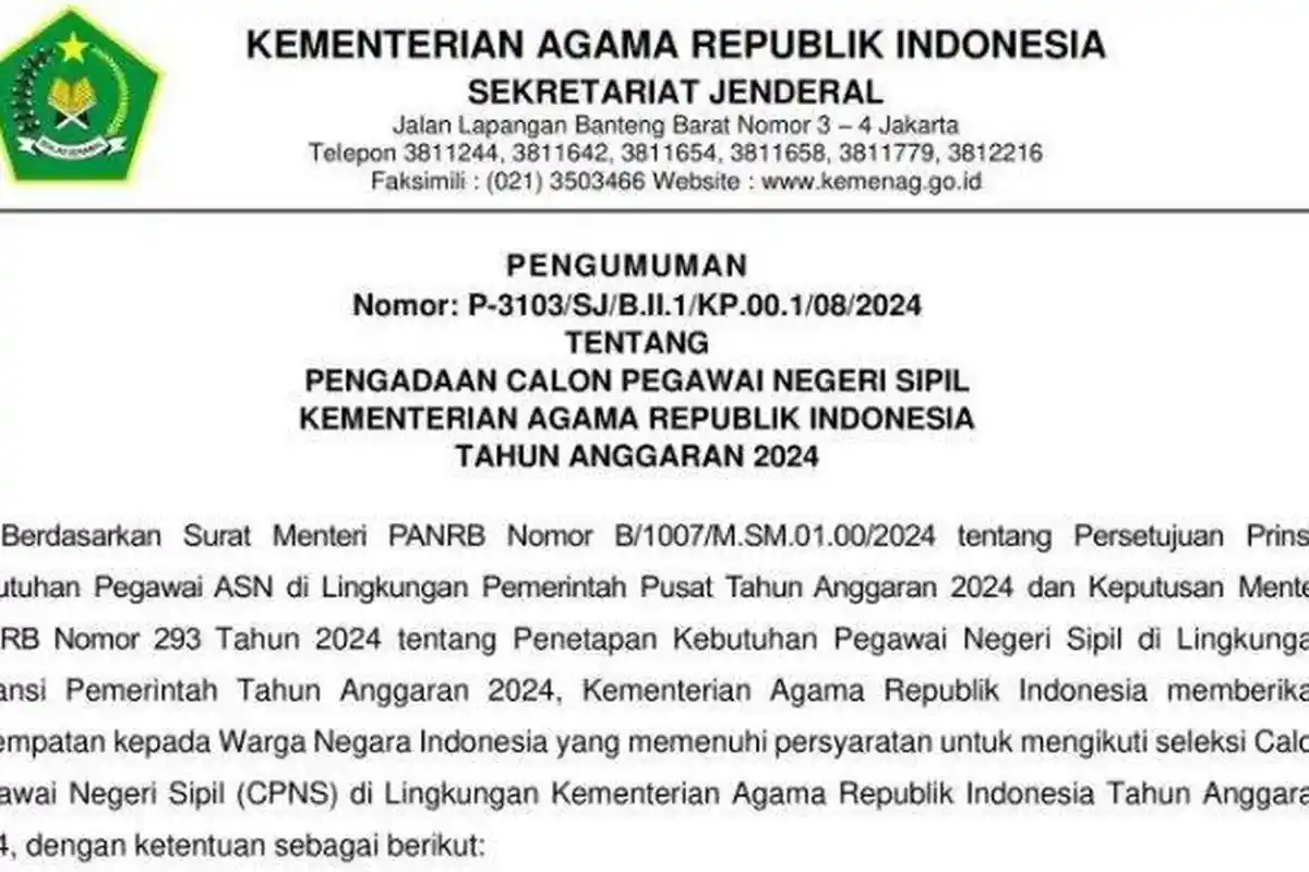 Link Download Formasi CPNS Kemenag 2024 PDF, Rekrutmen Dibuka hingga 14 September