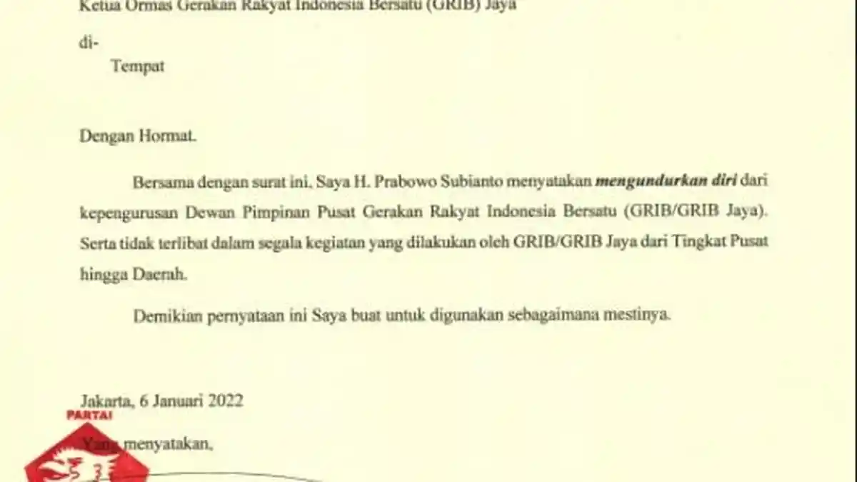 Mundur Sejak 6 Januari 2022, Prabowo Bukan Lagi Bagian dari GRIB
