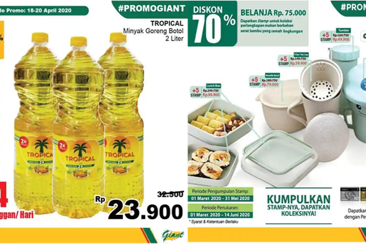 Katalog Promo Giant Hari Senin 20 April 2020: Diskon 25 Persen Minyak Goreng Tropical 2 Liter