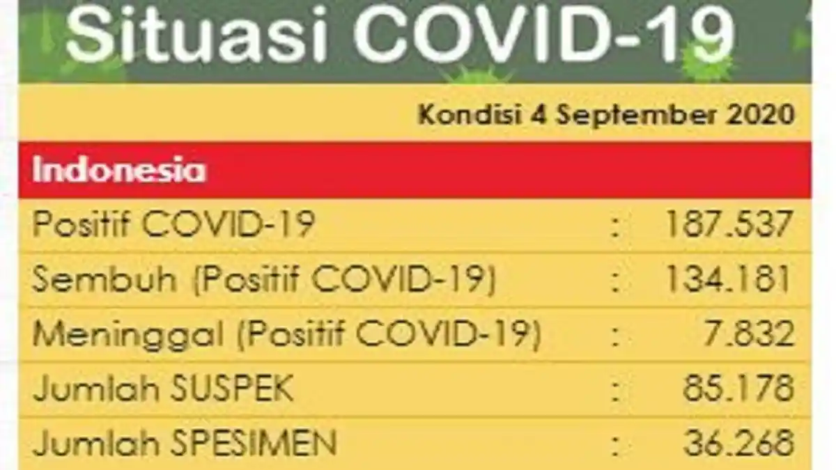 BREAKING NEWS: Tambah 3.269, Total Kasus Virus Corona di Indonesia Jadi 187.537 per 4 September 2020