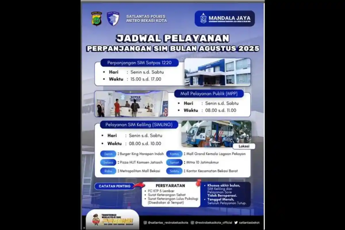 SIM Keliling Kota Bekasi, Selasa 19 Agustus 2025, Cek Lokasinya