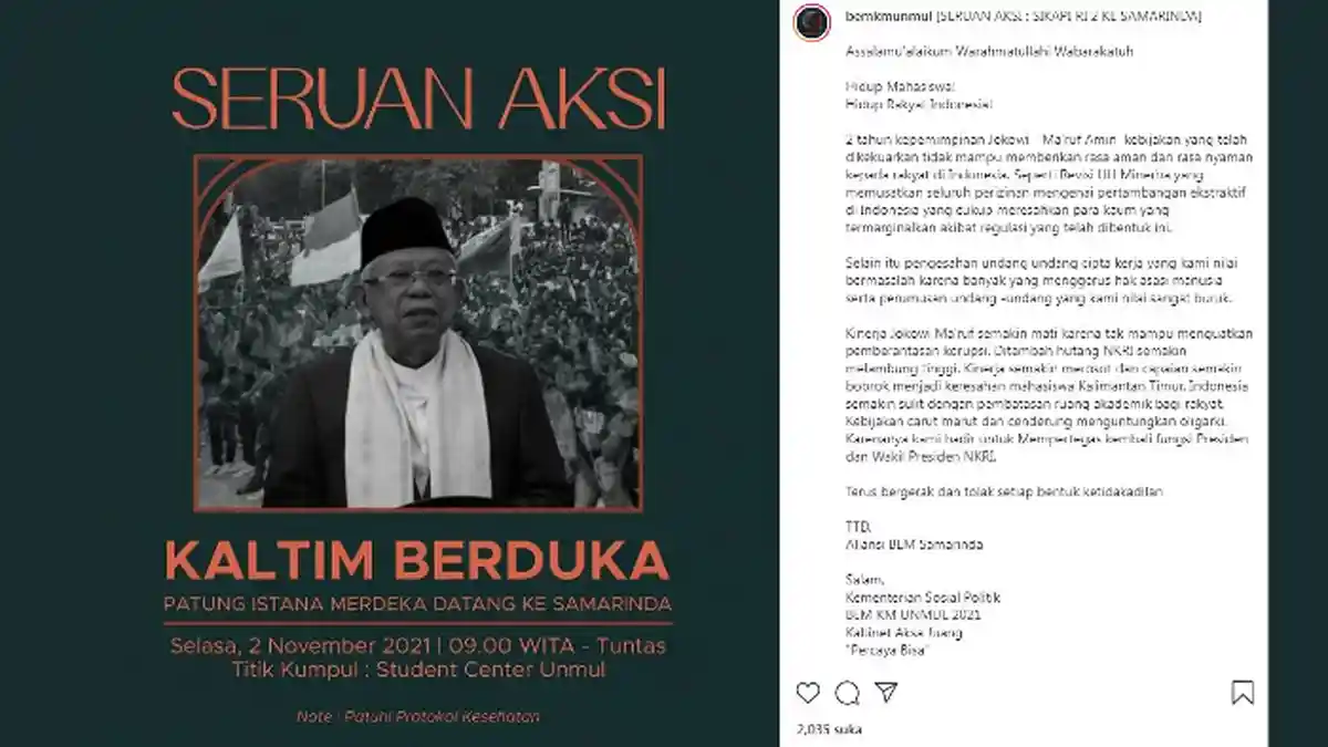 BEM KM Unmul Sebut Ma’ruf Amin ‘Patung Istana’, Terkait Kedatangan Wapres ke Samarinda