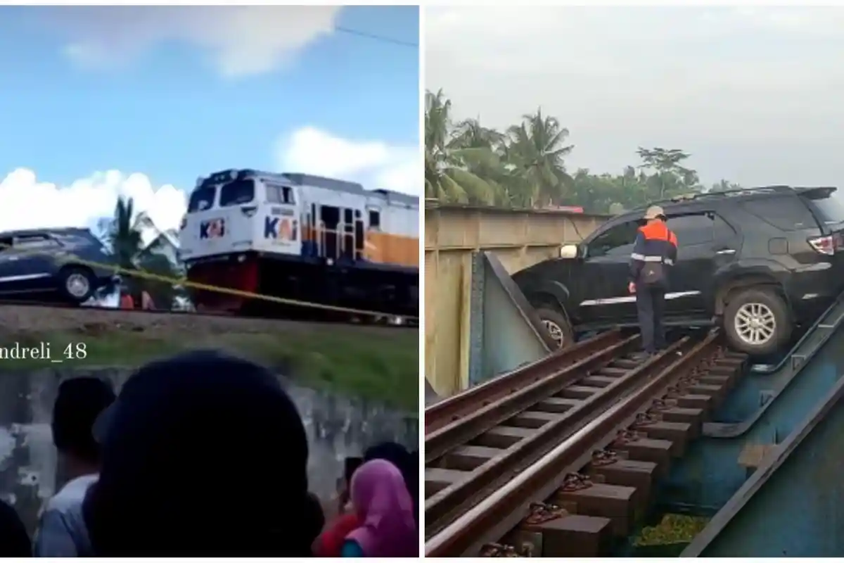 Detik-detik Fortuner Pemudik Masuk Jalur KA di Banyumas Dievakuasi Ditarik Kereta Api