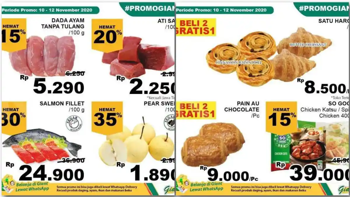 Promo Giant Weekday 10-12 November 2020, Promo Dada Ayam, Roti, Ati Sapi, Buah, Beras, Detergen
