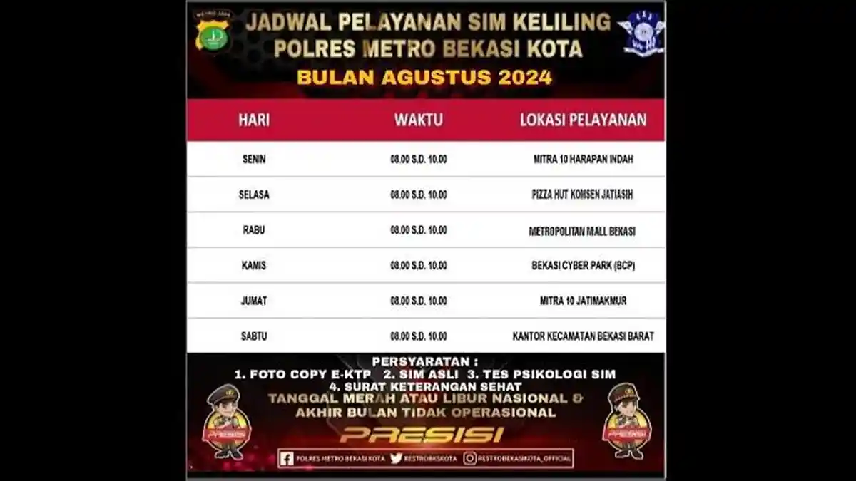 SIM Keliling Kota Bekasi, Rabu 21 Agustus 2024, di Metropolitan Mall Bekasi Hingga Pukul 10.00 WIB