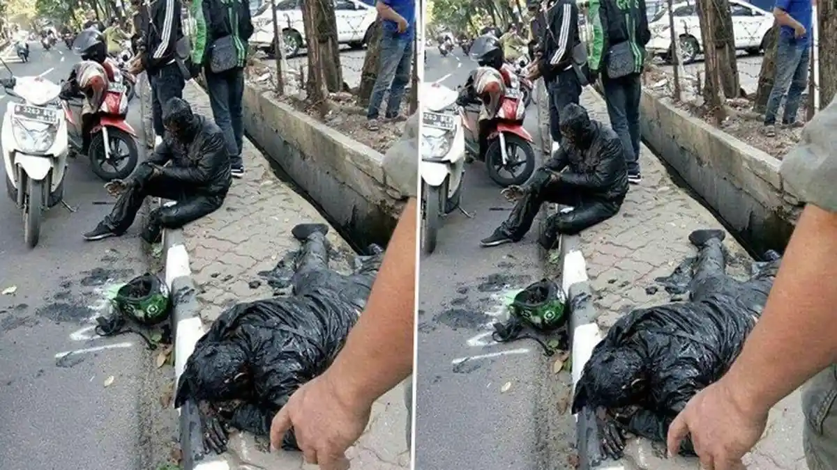Foto Pengemudi dan Penumpang Ojek Online Masuk Got, Warganet Heran dan Penasaran