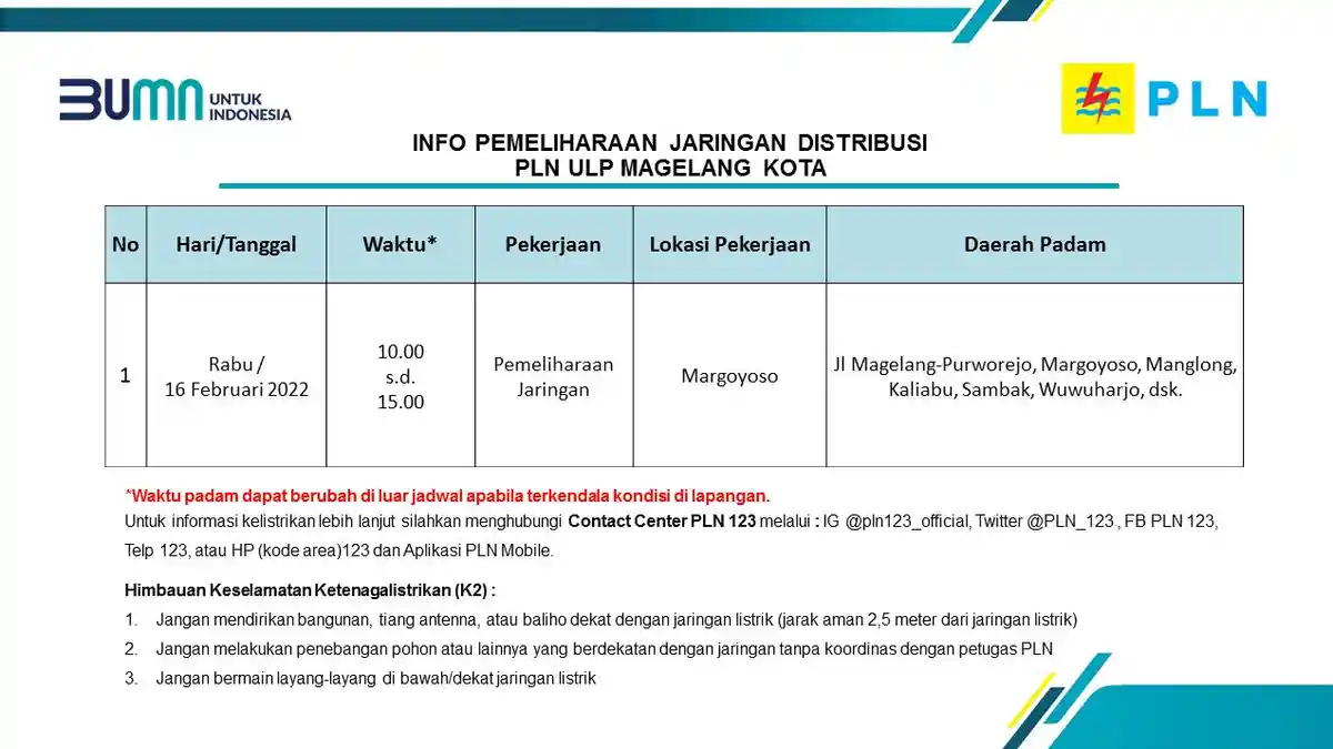 Info Pemeliharaan Jaringan Listrik PLN ULP Magelang Kota Rabu 16 Februari 2022