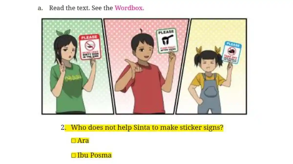 Kunci Jawaban Bahasa Inggris Kelas 7 Halaman 125, Who Does Not Help Sinta to Make Sticker Signs?