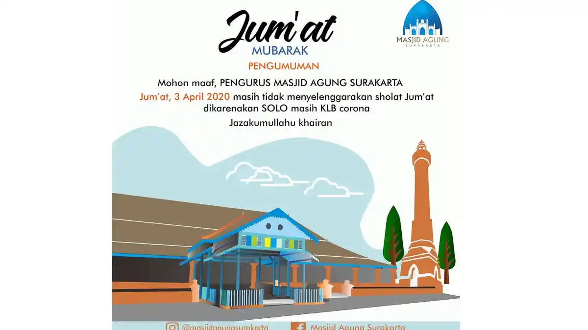 Jumat Ini, Kali Kedua Masjid Agung Solo Tiadakan Ibadah Salat Jumat