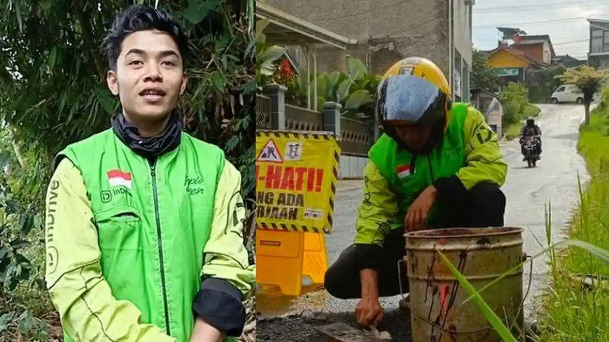 Sosok Hasan Driver Ojol di Bandung Viral Tambal Jalan Berlubang Pakai ...