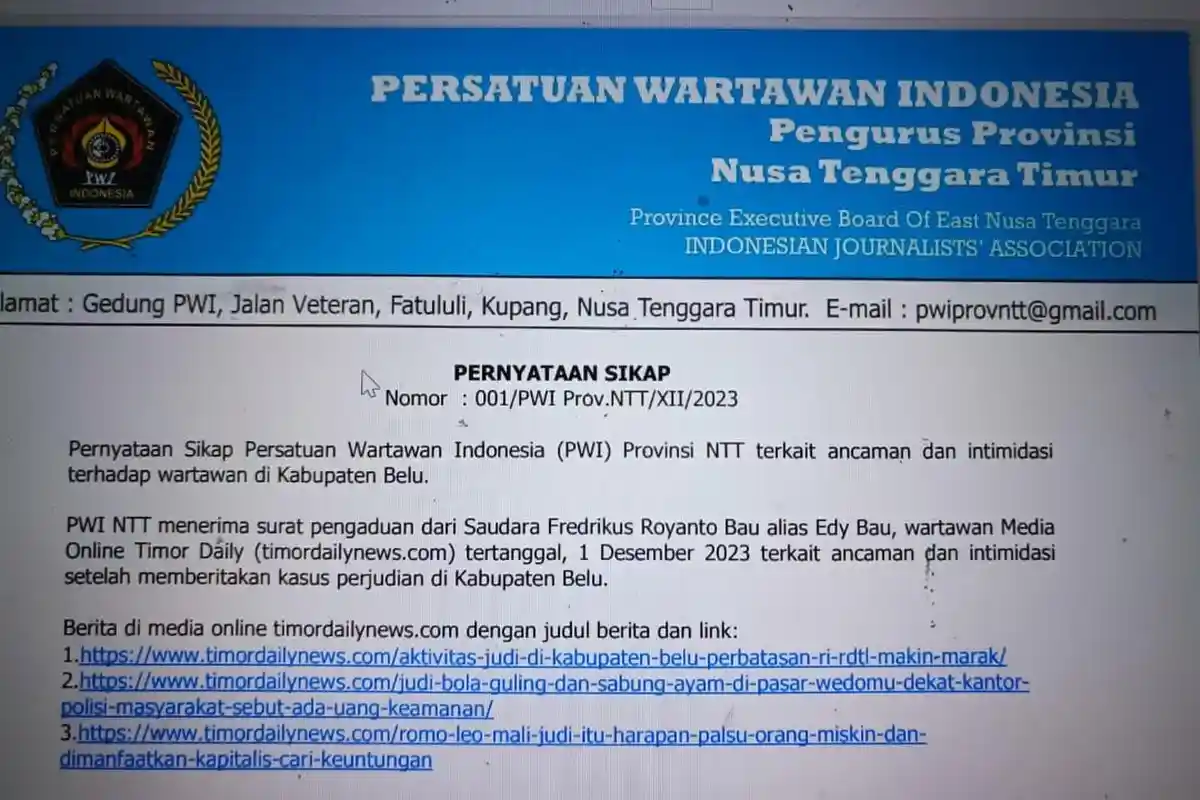PWI NTT Kecam Tindakan Intimidasi dan Ancam Wartawan di Belu, Minta Kapolda Beri Jaminan Keamanan